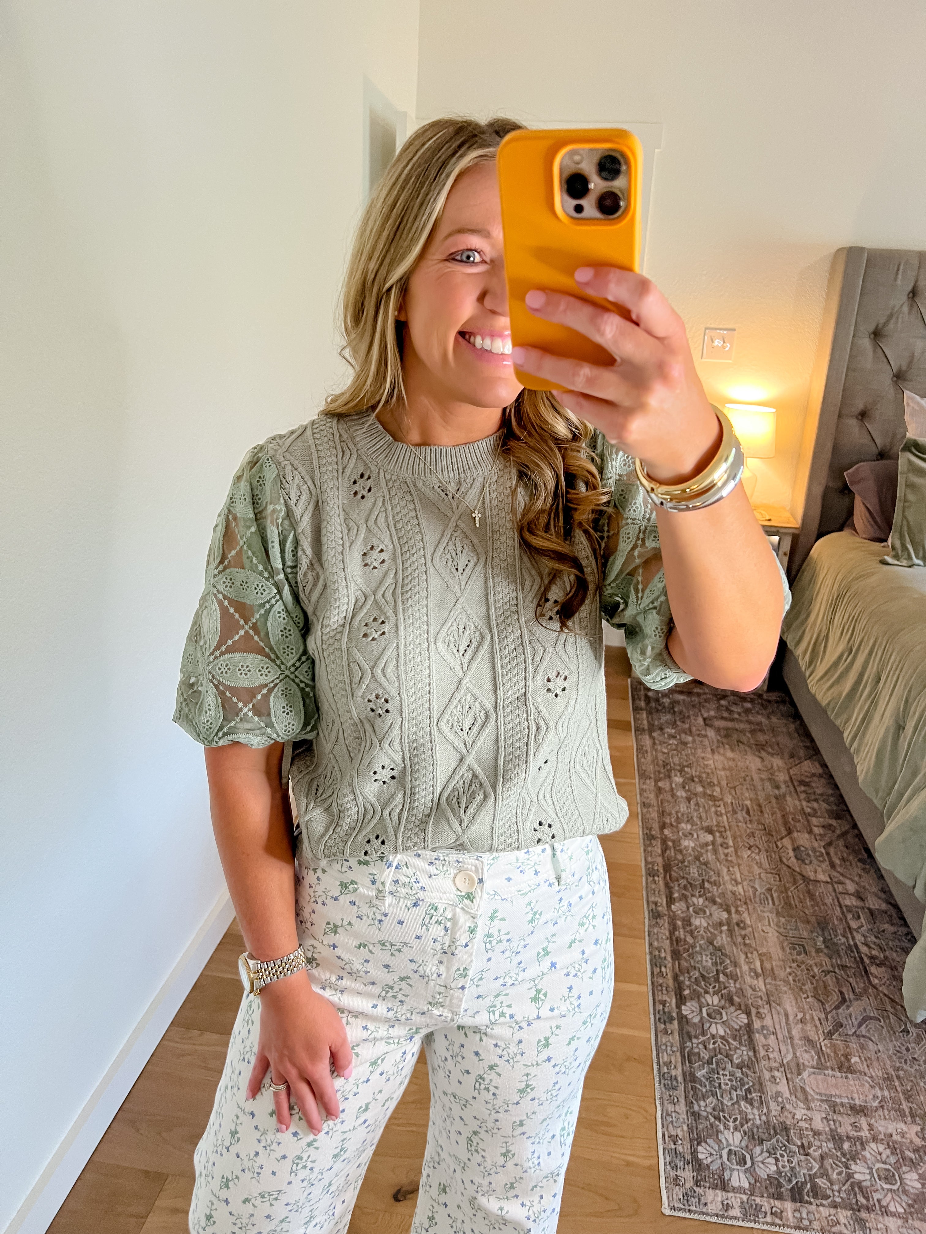 Sage pointelle knit sweater