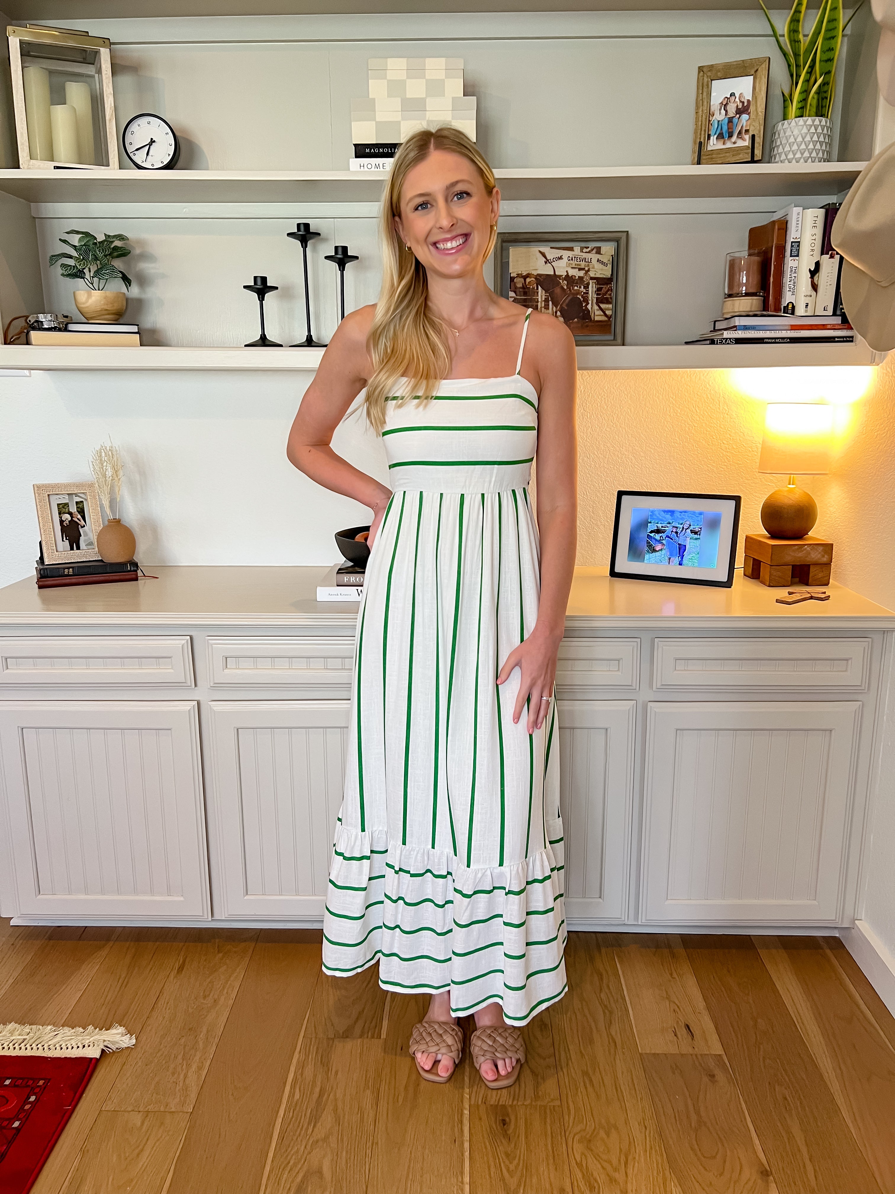 White & Green striped dress with open back
