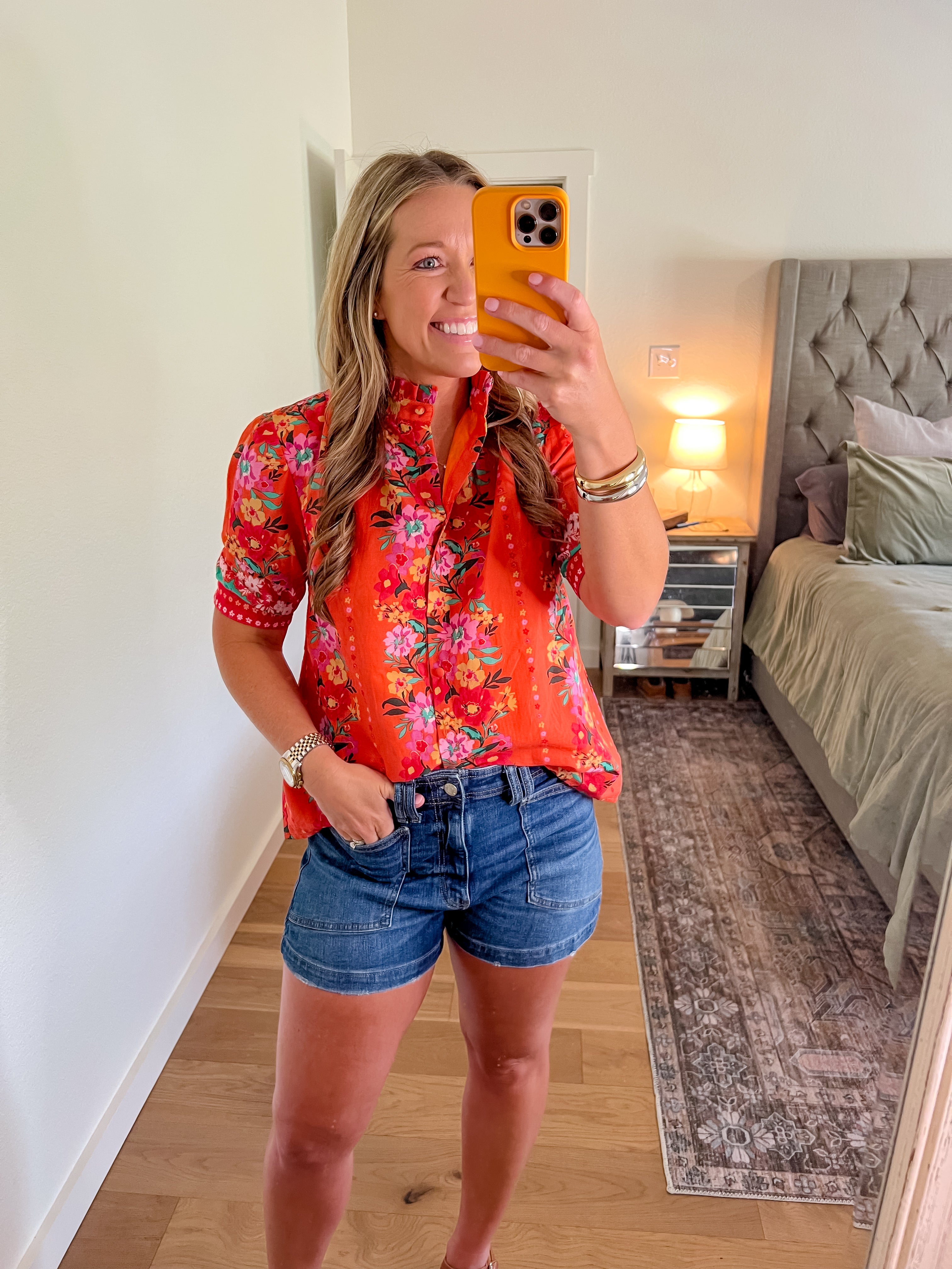 Orange floral button down blouse