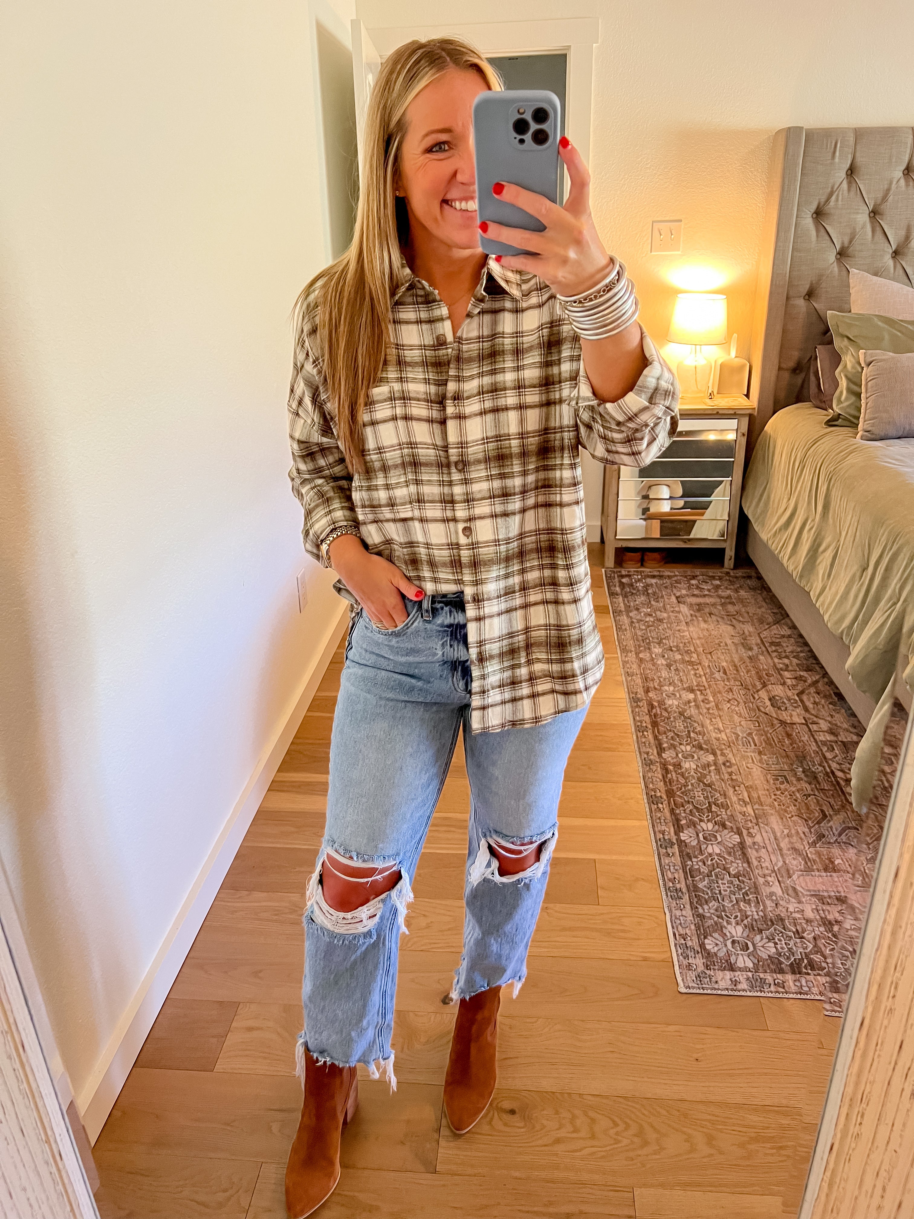 olive plaid button up