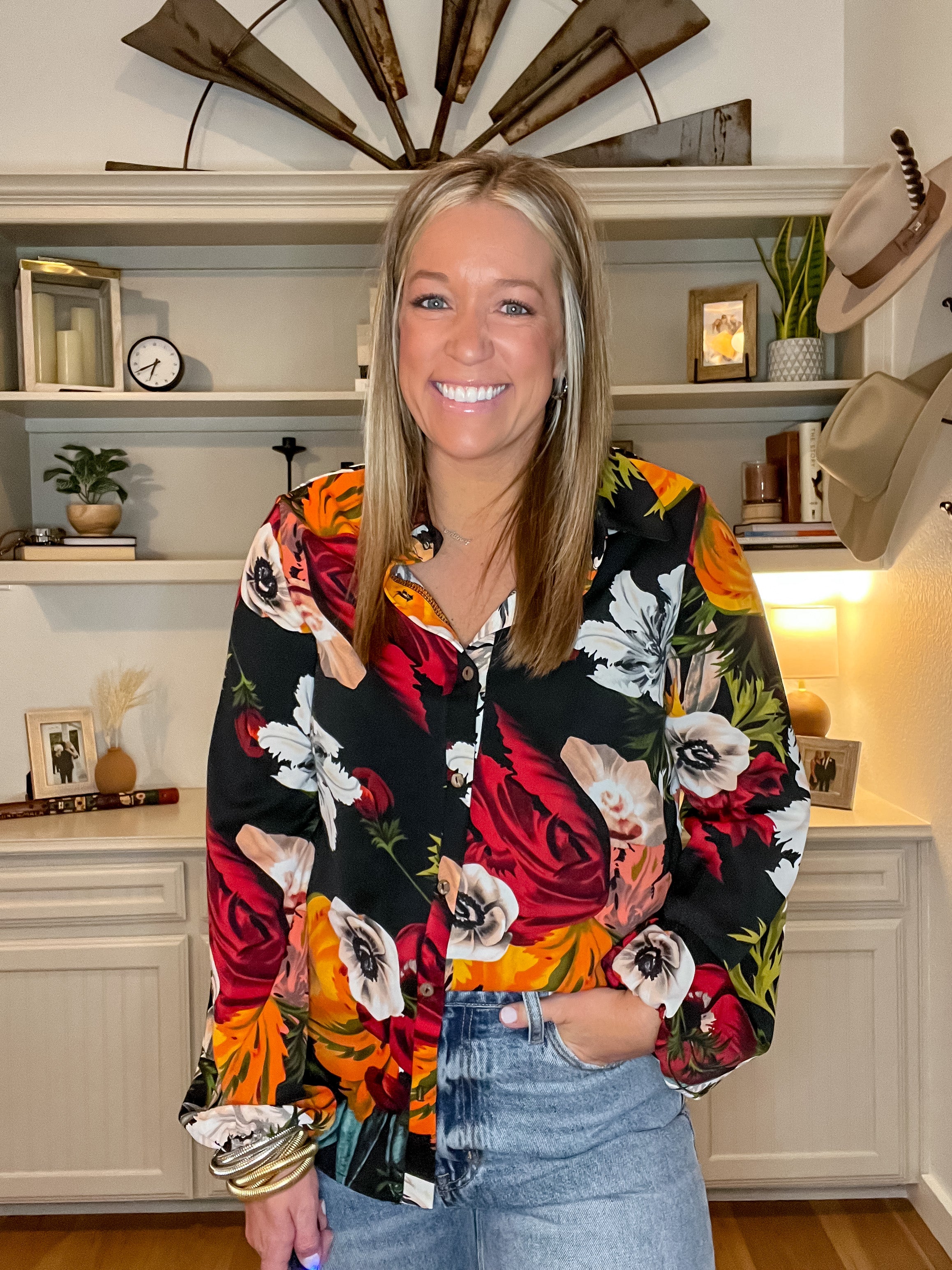 Black floral print shirt